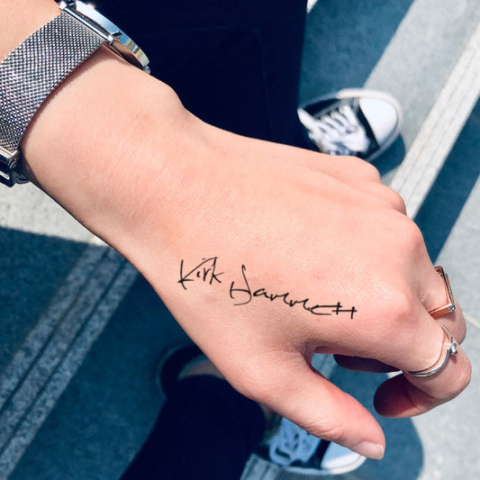 Kirk Hammett custom temporary tattoo sticker design idea inspiration meanings removal arm wrist hand words font name signature calligraphy lyrics tour concert outfits merch accessory gift souvenir costumes wear dress up code