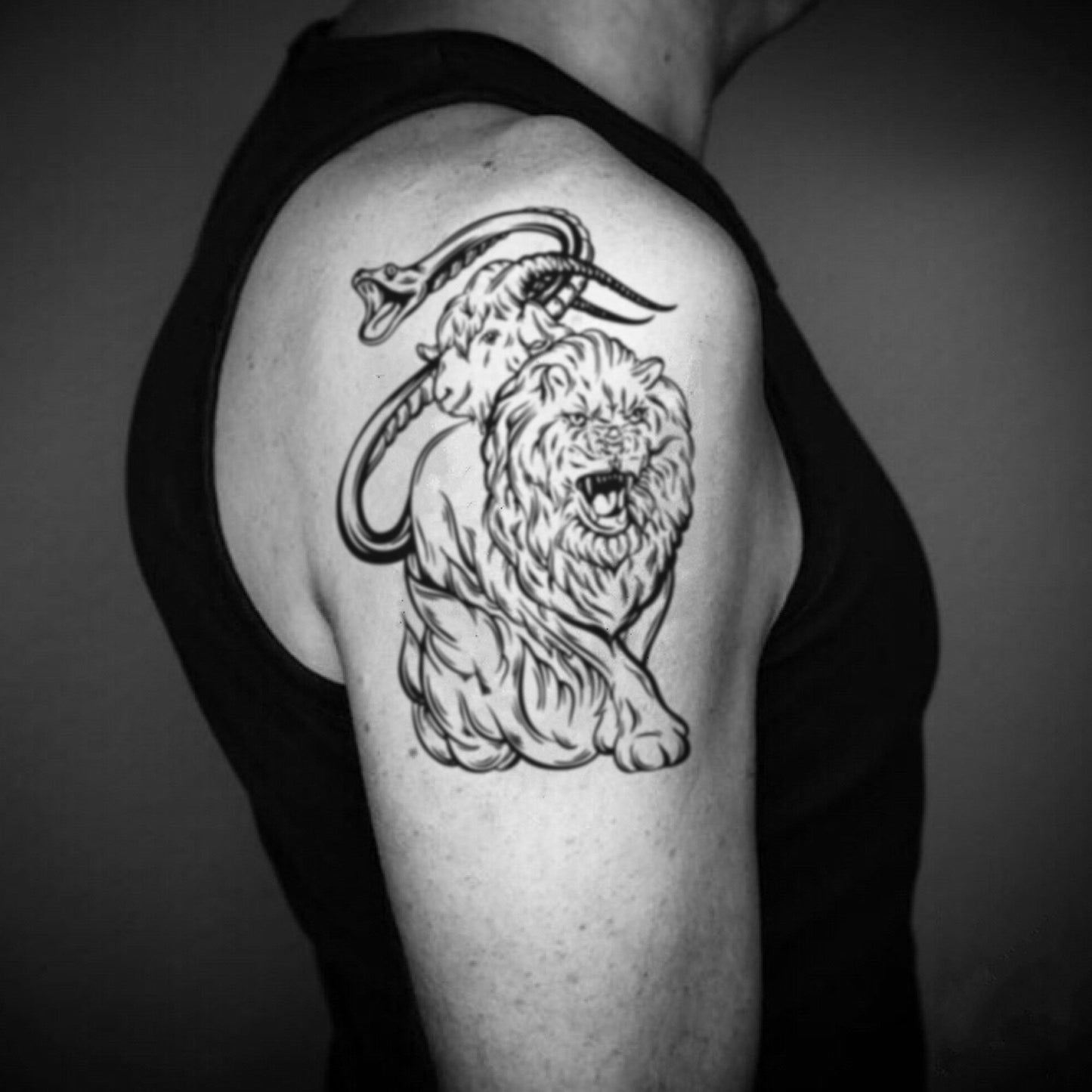 fake big chimera illustrative temporary tattoo sticker design idea on upper arm