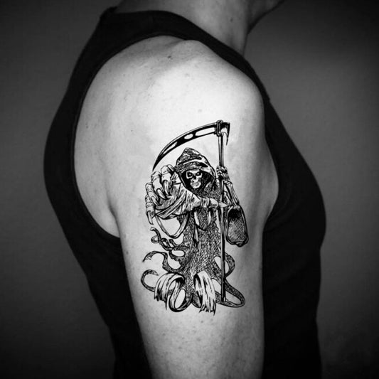 fake big don't fear the grim reaper cheating holy death azrael executioner nazgul soa angel of death dark side illustrative temporary tattoo sticker design idea on upper arm