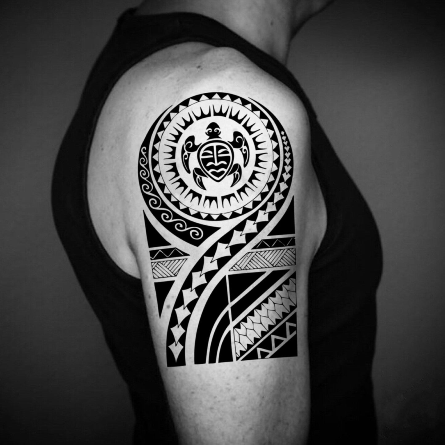 fake big honolulu hawaii hawaiian african tribe tonga style pacific islander marquesan cherokee deltoid dwayne the rock johnson modern tribal ilocano maui visayan quarter sleeve temporary tattoo sticker design idea on upper arm