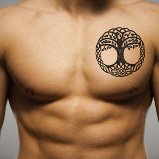 fake medium celtic yggdrasil world tree simple men nature temporary tattoo sticker design idea on chest