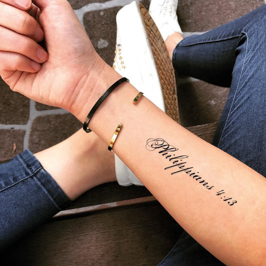 fake medium philippians 4 13 lettering temporary tattoo sticker design idea on forearm