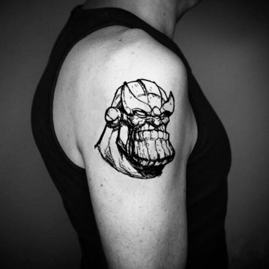 fake medium thanos sketch cartoon temporary tattoo sticker design idea on upper arm