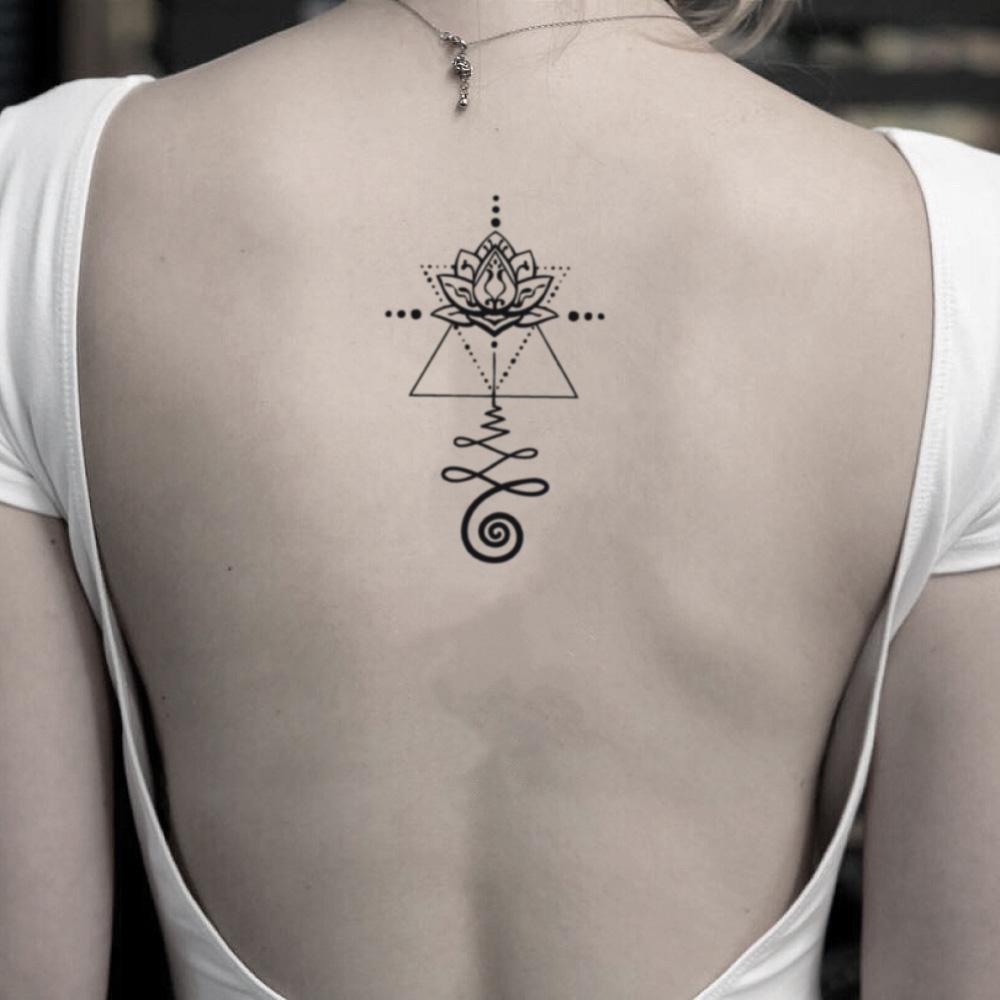 fake medium unalome lotus flower yoga spine symmetrical symmetry bohemian healer pretty women temporary tattoo sticker design idea on back