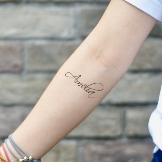 fake small amanda lettering temporary tattoo sticker design idea on inner arm