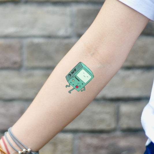 fake small bmo adventure time cartoon temporary tattoo sticker design idea on inner arm