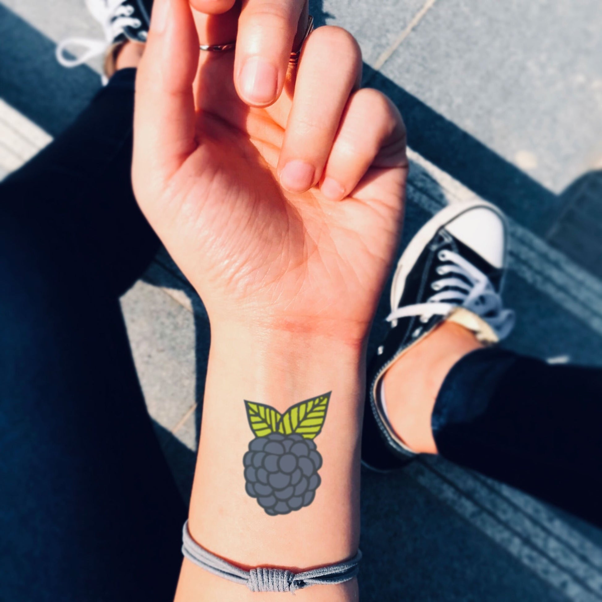 fake small blueberry blackberry huckleberry raspberry berry food temporary tattoo sticker design idea on wrist