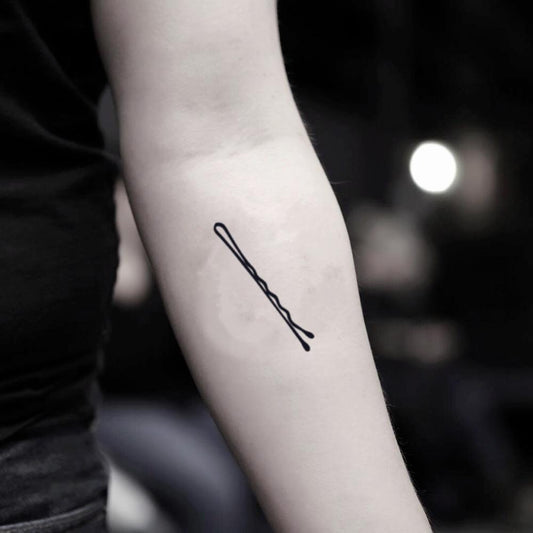 fake small bobby pin minimalist temporary tattoo sticker design idea on inner arm