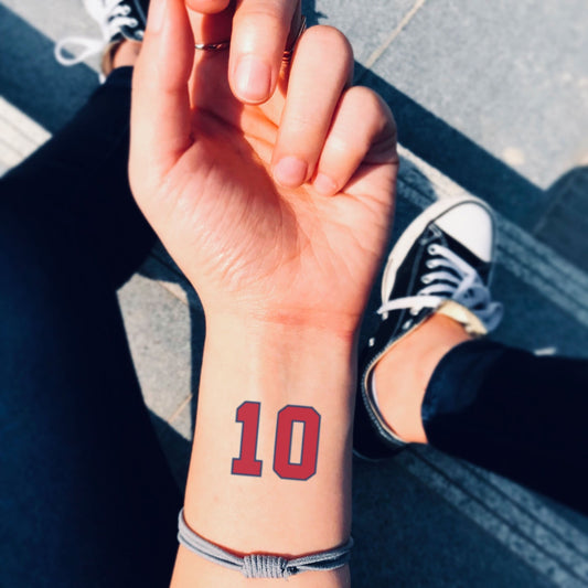 fake small chipper jones number 10 color temporary tattoo sticker design idea on wrist