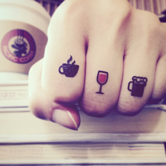 fake small coffee wine beer drinks drunk food temporary tattoo sticker design idea on finger