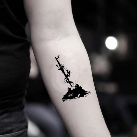 fake small dark souls bonfire illustrative temporary tattoo sticker design idea on inner arm