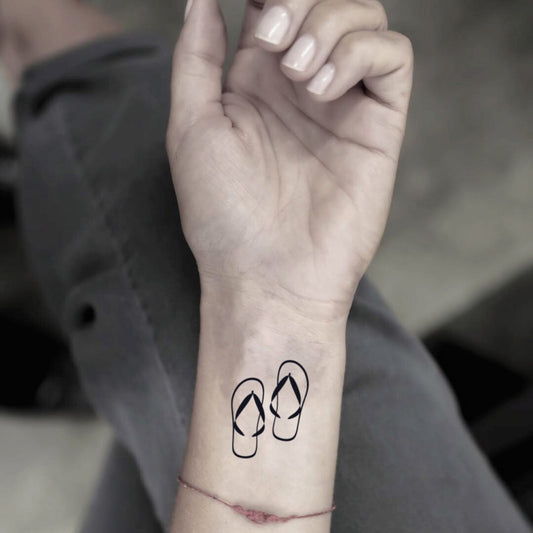 fake small flip flop minimalist temporary tattoo sticker design idea on wrist