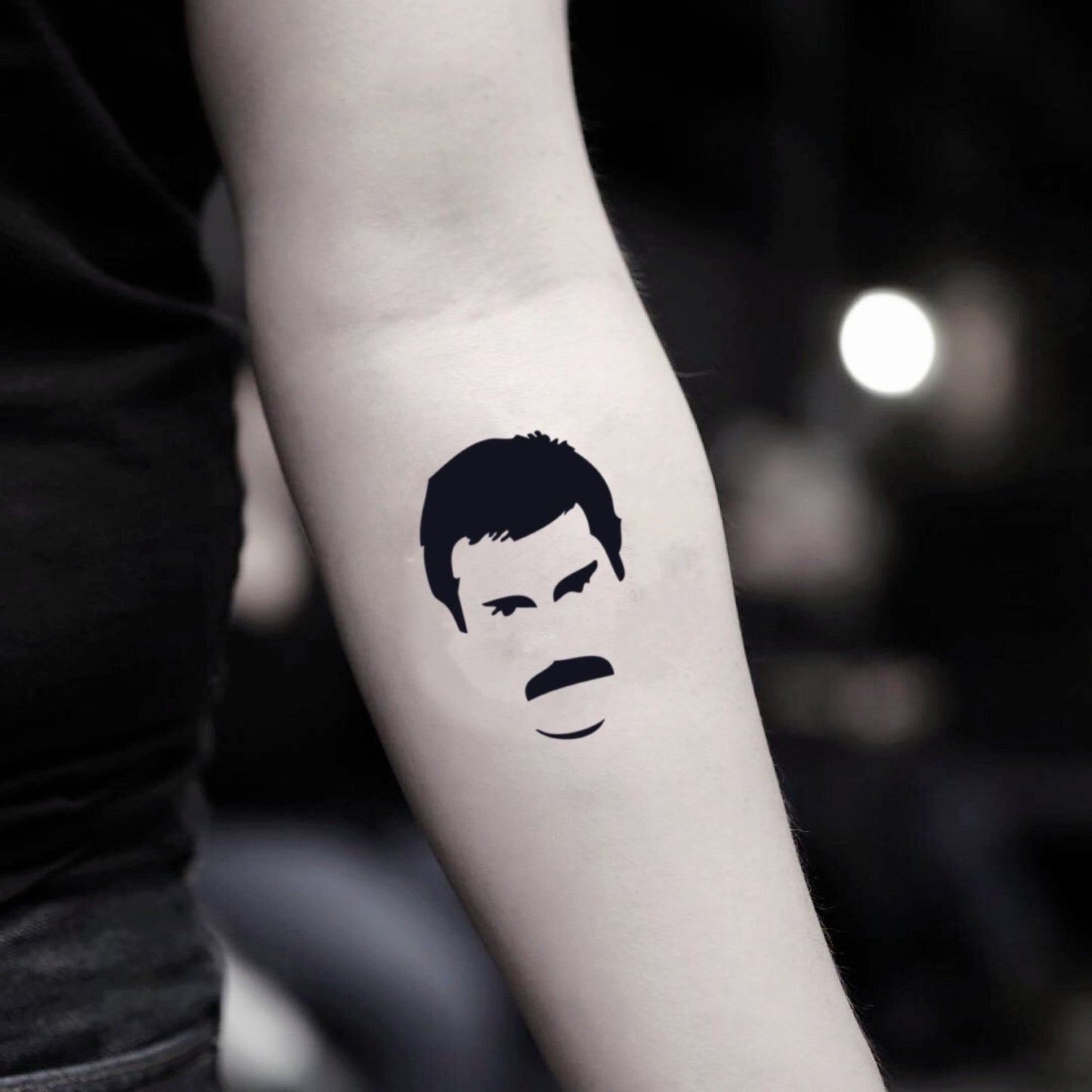 fake small freddie mercury queen band portrait temporary tattoo sticker design idea on inner arm