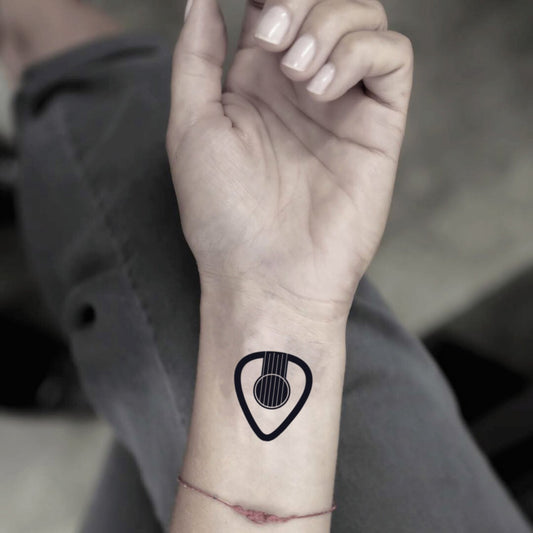 fake small guitar pick music temporary tattoo sticker design idea on wrist