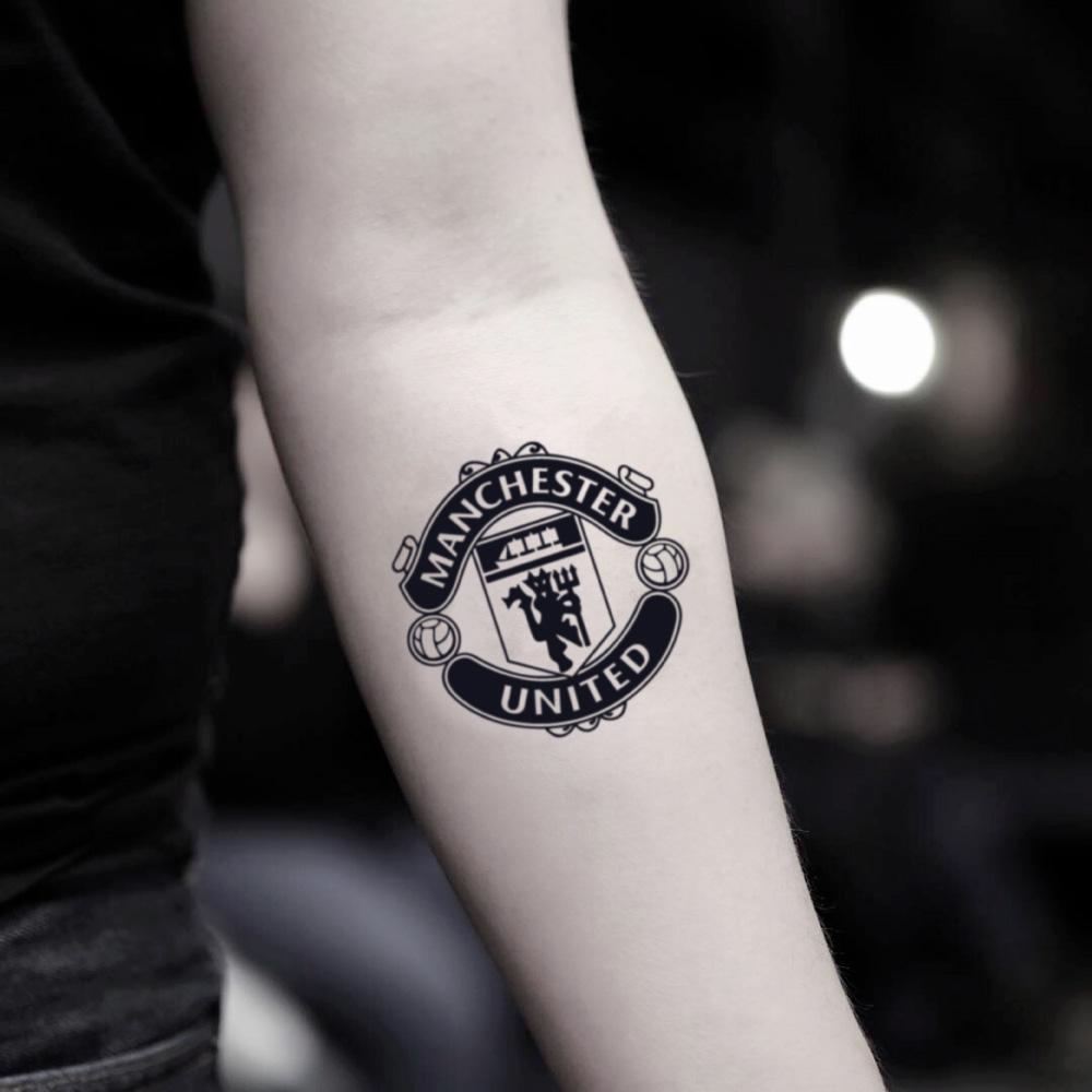 fake small manchester united illustrative temporary tattoo sticker design idea on inner arm