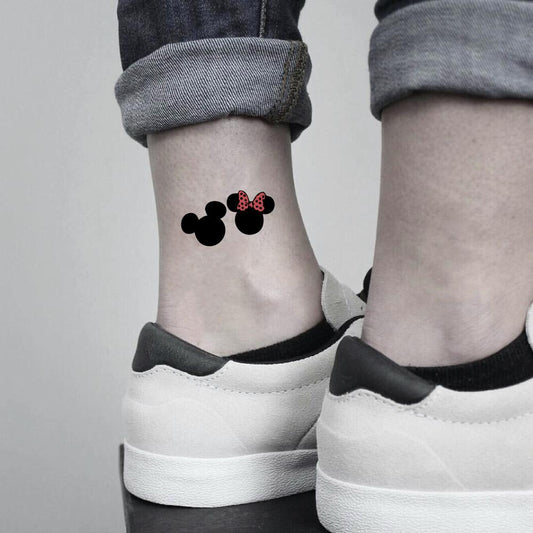 fake small hidden 1928 mickey minnie mouse cartoon temporary tattoo sticker design idea on ankle