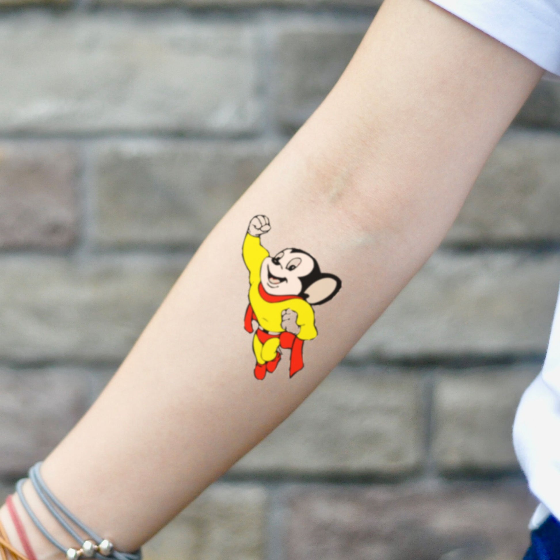 fake small mighty mouse cartoon temporary tattoo sticker design idea on inner arm