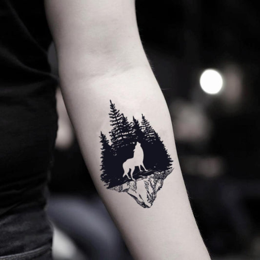 fake small dark night tree line woods bosque wilderness wildlife forest wolf werewolf mountain animal temporary tattoo sticker design idea on inner arm