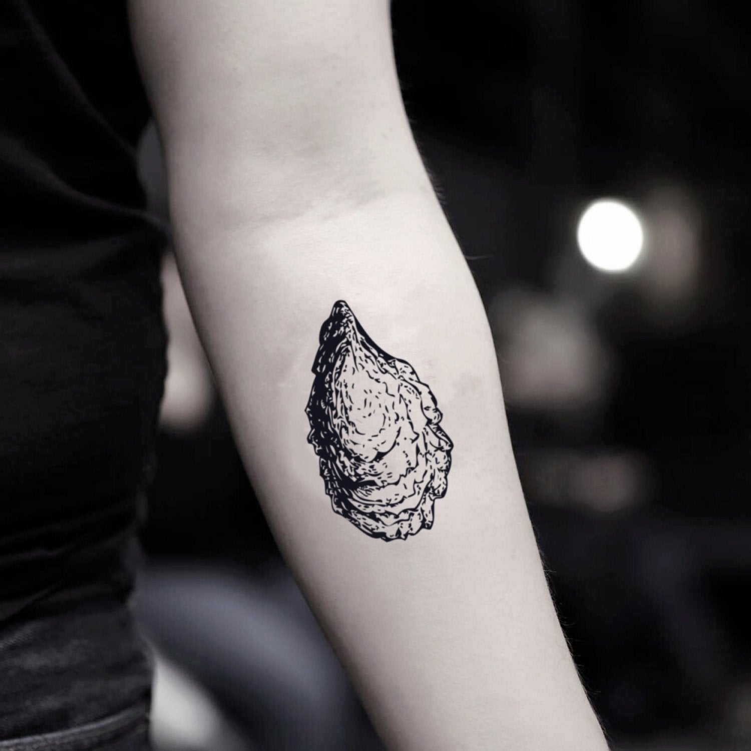 fake small oyster food temporary tattoo sticker design idea on inner arm