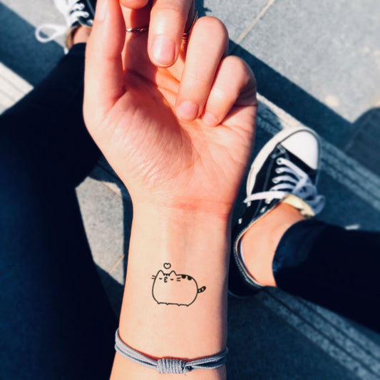 fake small pusheen cute cartoon temporary tattoo sticker design idea on wrist