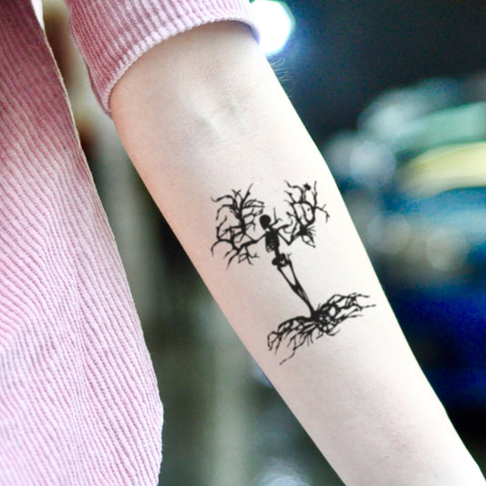 fake small tree of death life skull minimalist temporary tattoo sticker design idea on inner arm