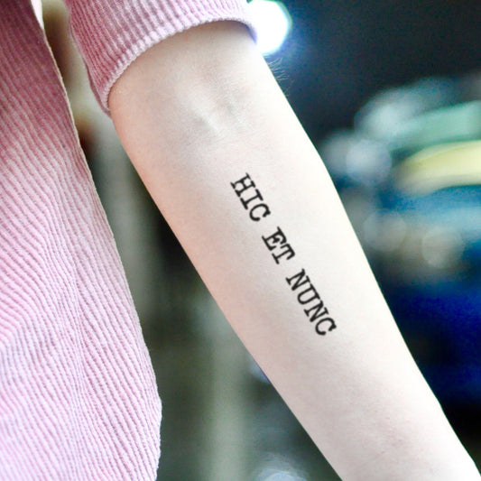 fake small vampire diaries lettering temporary tattoo sticker design idea on inner arm