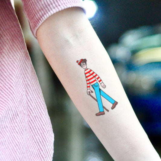 fake small where's waldo uncommon cartoon temporary tattoo sticker design idea on inner arm