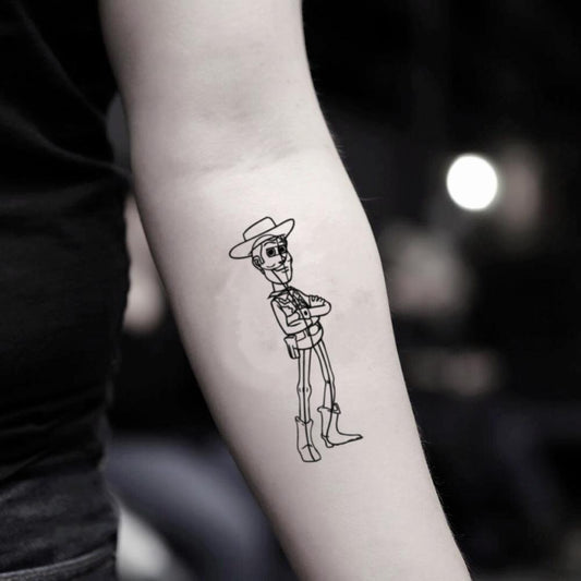 fake small woody sketch cartoon temporary tattoo sticker design idea on inner arm