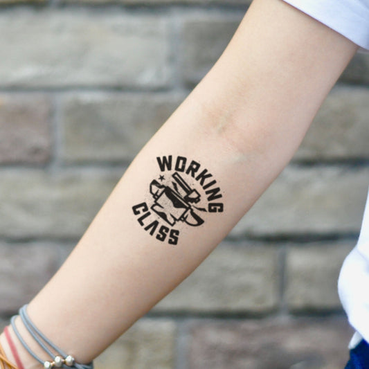 fake small working class old school hammer anvil blue collar man vintage temporary tattoo sticker design idea on inner arm