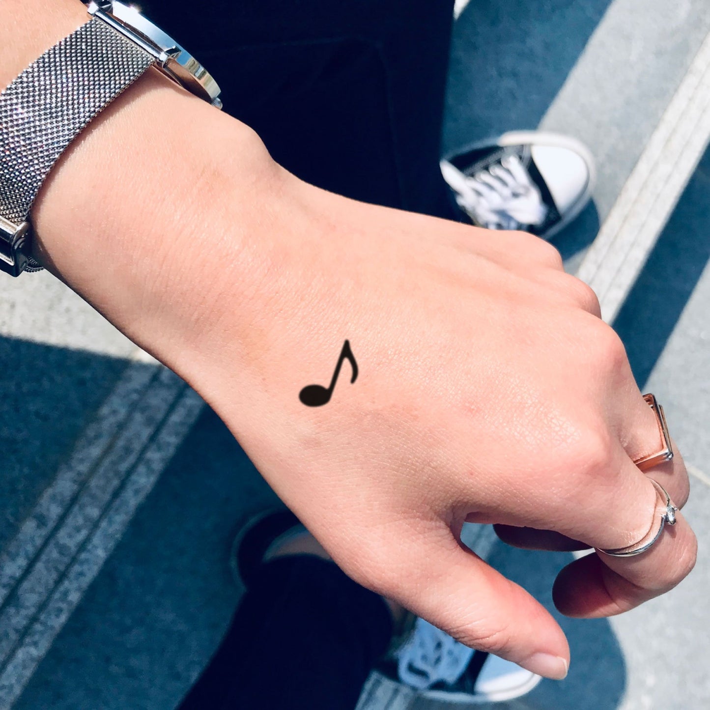 fake tiny eighth music note Music temporary tattoo sticker design idea on hand